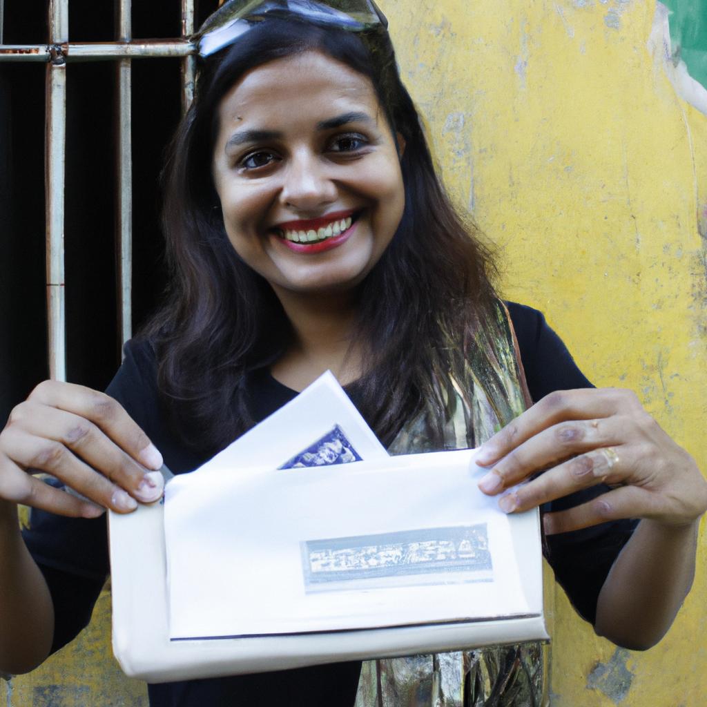 Person holding donation envelope, smiling
